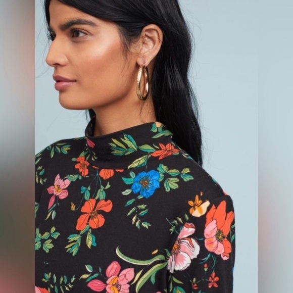 Maeve Floral Mock Neck Long Sleeve Shirt Womens Size Petite Medium - Picture 2 of 11